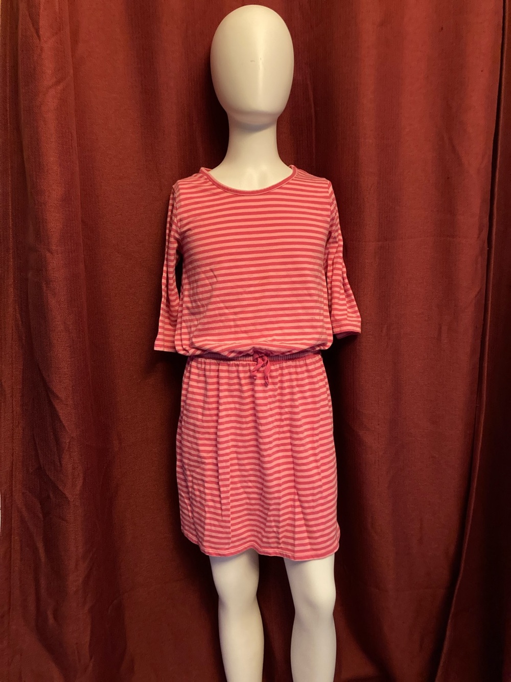 Girls' Pink Stripe Casual Drawstring Dress, size 10-12